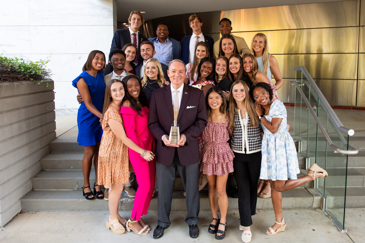 MSU President Mark E. Keenum joins in celebrating the 2023 class of Orientation Leaders at Hunter Henry Center during a fall eve
