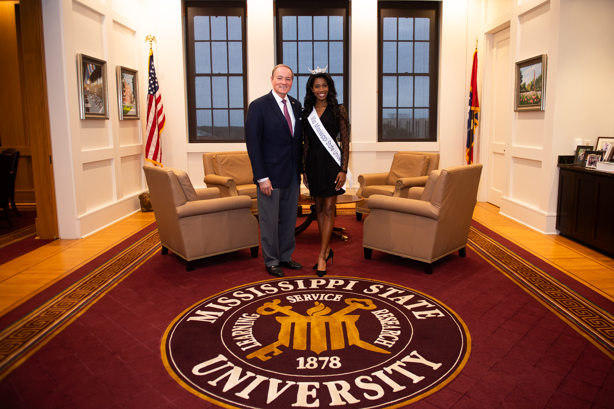 MSU President Mark E. Keenum visited with Morgan Nelson, a senior biological sciences major from Vicksburg, who was named Miss M