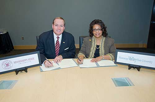 MSU President Mark Keenum and Donna Oliver, president of Mississippi Valley State University, recently signed a memorandum of understanding designed to increase faculty participation in research and contracts at both universities.
