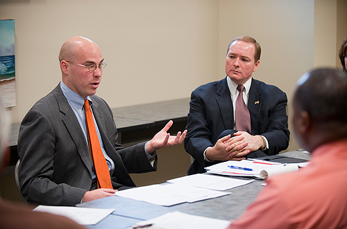 Starkville Mayor Parker Wiseman (l) and Mississippi State President Mark Keenum were among municipal, university and Oktibbeha County officials who gathered recently at the Starkville Sportsplex to discuss cooperative short-term priorities and long-term 
