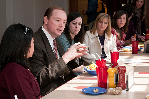 President Keenum recently shared lunch and opinions with the Freshman Forum in the Marketplace at Perry Cafeteria.