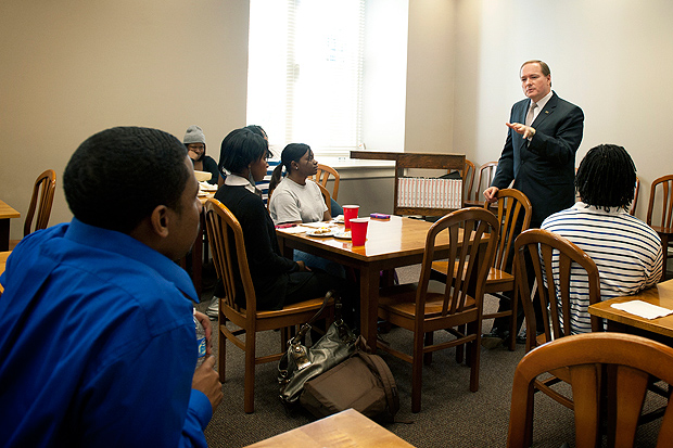 President Keenum meets with TRIO students at Montgomery Hall.