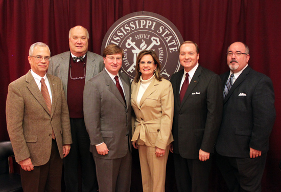 Tate Reeves, third from left, who is in his second term as Mississippi's state treasurer and is Lt. Gov.-elect, was welcomed to the MSU Starkville campus on Nov.