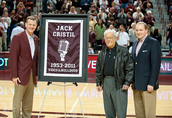 Dr. Keenum and Scott Stricklin honor Jack Cristil at halftime of the Arkansas game.