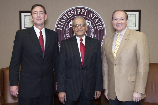 Former Mississippi State faculty member Sonny Ramaswamy, center, now a senior U.S. Department of Agriculture administrator, visits with Greg Bohach, MSU vice president for the Division of Agriculture, Forestry, and Veterinary Medicine, left, and MSU Pres