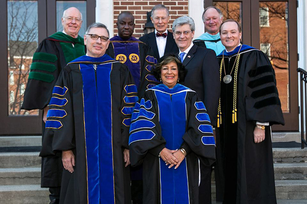 Mississippi State President Mark E. Keenum, far right, was just one of the state dignitaries who recently gathered at the Mississippi University for Women for the inauguration of the institution's new president, James Borsig, front left.