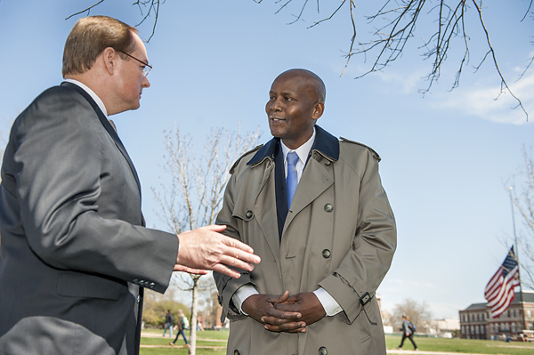 MSU President Mark E. Keenum talks with Kenyan Ambassador Elkanah Odembo prior to a ceremonial tree planting at Mississippi State March 4.