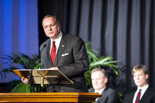 MSU President Mark E. Keenum speaks of the influence the late MSU President Emeritus Donald W. Zacharias had on his life and career during the March 7 memorial service held on campus in honor of Zacharias.