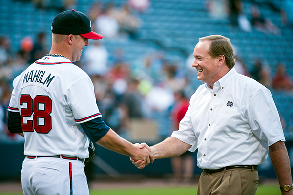 The ceremonial first pitch for the Atlanta Braves was thrown out against the Pittsburgh Pirates at Turner Field on June 4 by Mississippi State University President Mark E. Keenum.