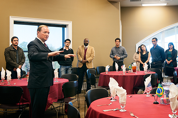 MSU President Mark E. Keenum addresses students participating in the Brazil Scientific Mobility Undergraduate Program, a Brazilian government program that sends students in STEM -- science, technology, engineering and mathematics -- to study in universit
