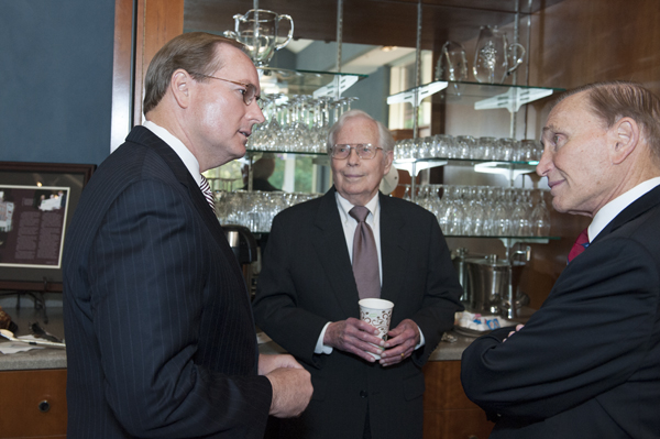 MSU President Mark E. Keenum, left, thanks Riley Foundation Chairman Robert B. Deen Jr., center, and Vice President Marty Davidson for an $11 million grant to fund a new kinesiology program at MSU-Meridian.