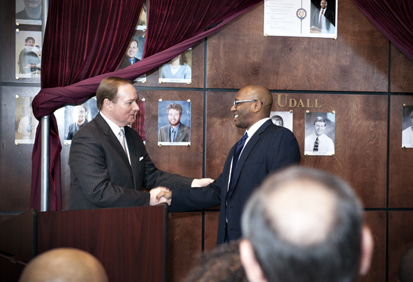 MSU President Mark E. Keenum congratulates Rhodes Scholar Donald M. "Field" Brown at a formal recognition ceremony Tuesday [Jan.