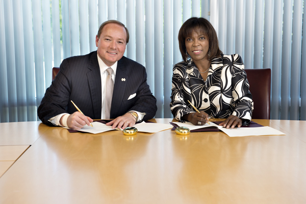 MSU President Mark E. Keenum and Ertharin Cousin, executive director of the United Nations World Food Programme, signed a memorandum of understanding on Friday [May 16], formalizing a partnership for finding innovative solutions to hunger and poverty.