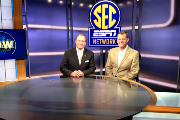 Mississippi State University President Mark E. Keenum, left, and MSU Athletics Director Scott Stricklin attended the SEC Network launch party on Thursday night in Charlotte, NC, and were photographed on the network set.