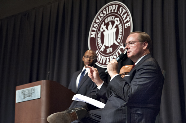 During the "Institutuional Leaders: Building the Path to Success" panel at Mississippi State's Men of Color Summit, MSU President Mark E. Keenum explains the importance of retention, matriculation and graduation for men of color attending institutions of