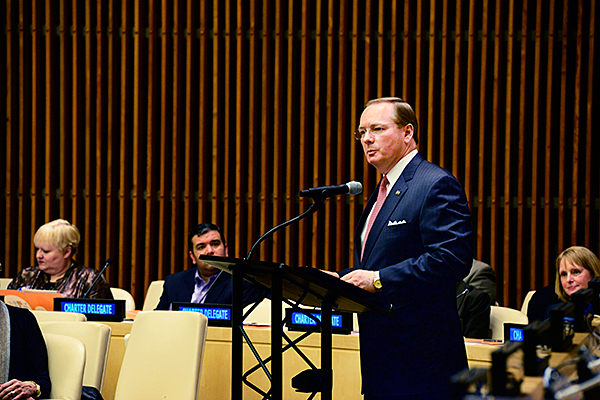 Mississippi State President Mark E. Keenum gave an address at the United Nations in New York City on Tuesday, representing more than 30 universities in the U.S., Canada and Central America that have formed a collective group with the focus of ending worl