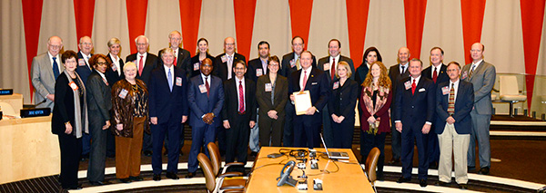 Mississippi State University President Mark E. Keenum (front row, fifth from right) and leaders from other universities around the nation signed the Presidents' Commitment to Food and Nutrition Security (PUSH) at the United Nations in New York City on De