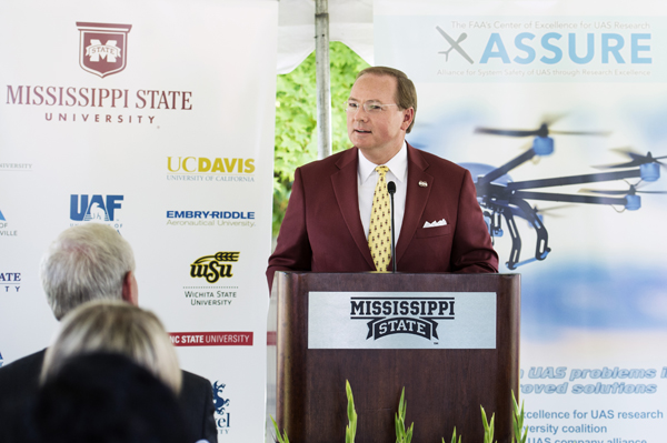 President Mark Keenum speaks at Mississippi State University Friday [June 5] during a campus press conference about the Federal Aviation Administration designating the university as a National Center of Excellence for Unmanned Aircraft Systems.