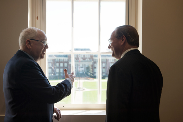 Former U.S. Ambassador Kenneth M. Quinn, left, speaks with MSU President Mark E. Keenum during Quinn’s April visit to the Starkville campus.