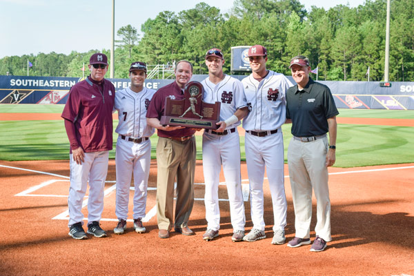 Mississippi State University was presented the 2016 Southeastern Conference Baseball Championship trophy prior to the Bulldogs’ first game in the SEC Tournament Hoover, Alabama, on Wednesday [May 25).