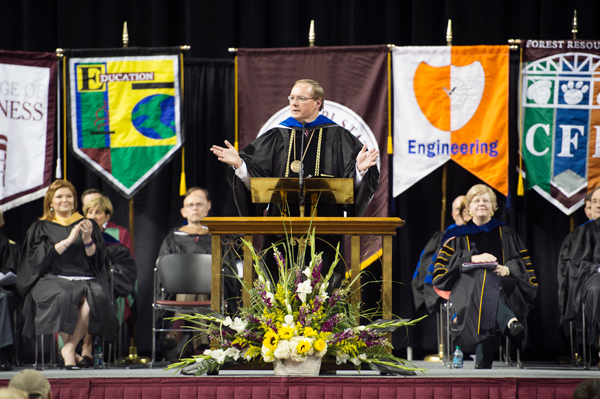 MSU President Mark E. Keenum addressed an estimated 3,700 first-year freshmen and 1,800 transfer students Tuesday [Aug.