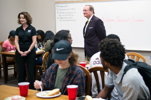 MSU President Mark E. Keenum, right, was welcomed to a September luncheon for TRIO students by Julie Capella, assistant dean and director of Student Support Services.