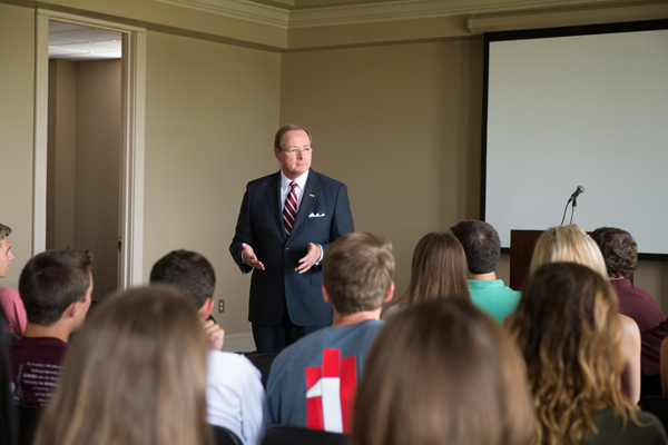 Mississippi State University President Mark E. Keenum speaks with visiting high school students from Brookhaven Wednesday [Sept.