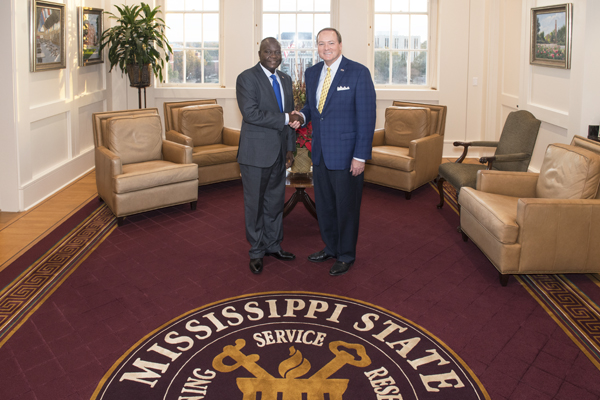 Liberian Ambassador Jeremiah Sulunteh met with MSU President Mark E. Keenum during a recent visit to the university.