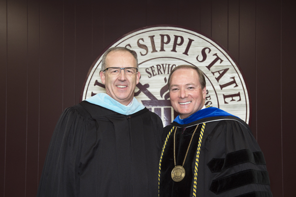 MSU President Mark E. Keenum meets with SEC Commissioner Greg Sankey prior to MSU’s fall 2016 commencement ceremony.