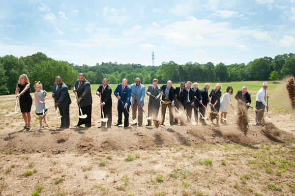 MSU President Mark E. Keenum (sixth from left) was among officials representing the university, Starkville Oktibbeha School District and Mississippi who broke ground May 17 on the new SOSD Partnership School at MSU. Benefactors and other stakeholders wer