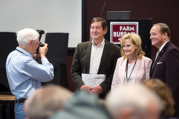 Having their photograph made are (left-right) MSU Vice President for the Division of Agriculture, Forestry and Veterinary Medicine Gregory Bohach, Mississippi Commissioner of Agriculture and Commerce Cindy Hyde-Smith and MSU President Mark E. Keenum.