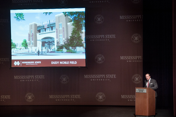 MSU President Mark E. Keenum speaks at the fall general faculty meeting in Lee Hall’s Bettersworth Auditorium Aug.