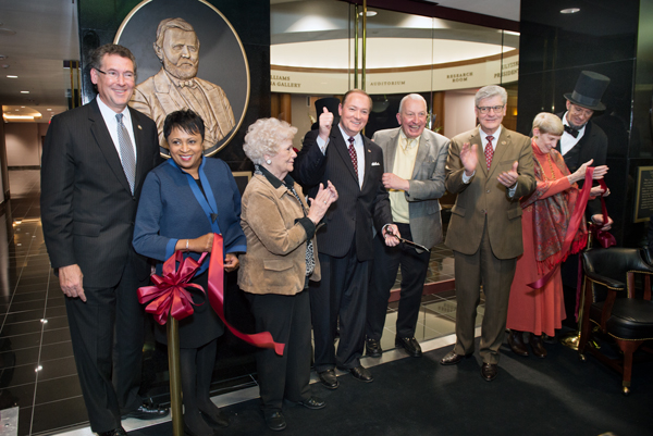 Officials cut a ribbon during the grand opening celebration of Mississippi State’s $10 million addition to Mitchell Memorial Library, home of the Ulysses S. Grant Presidential Library and the prestigious Frank J. and Virginia Williams Collection of Lin