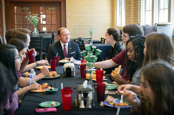Mississippi State President Mark E. Keenum met in April for lunch with members of the university’s Freshman Edge organization, operated under the auspices of the MSU Student Association.