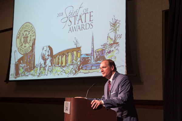 MSU President Mark E. Keenum speaks during the Spirit of State Awards, the annual event that formally honors those who have made a positive impact on peers and the broader campus community through organizational involvement, service to the institution an