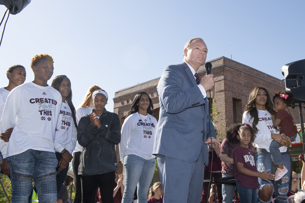 MSU President Mark E. Keenum addresses the crowd during an April celebration of the MSU women’s basketball team in downtown Starkville.