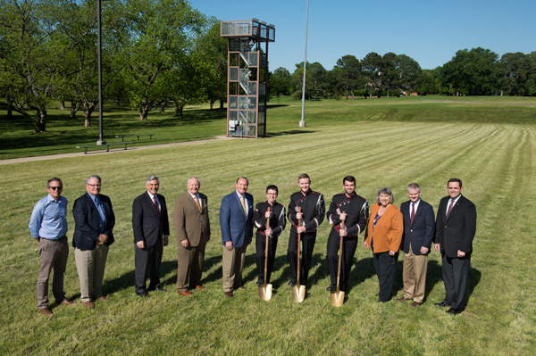 Celebrating a groundbreaking ceremony Monday [April 30] for a new synthetic turf practice field for the Famous Maroon Band were Principal and Owner of Allred Stolarski Architects Hoppy Allred; MSU Director for Planning, Design and Construction Tim Muzzi;