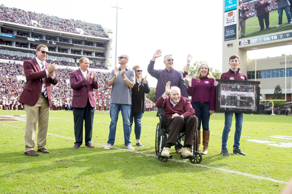 Cohen and Keenum congratulate MSU football legend Art Davis on his induction into the Bulldogs’ “Ring of Honor”