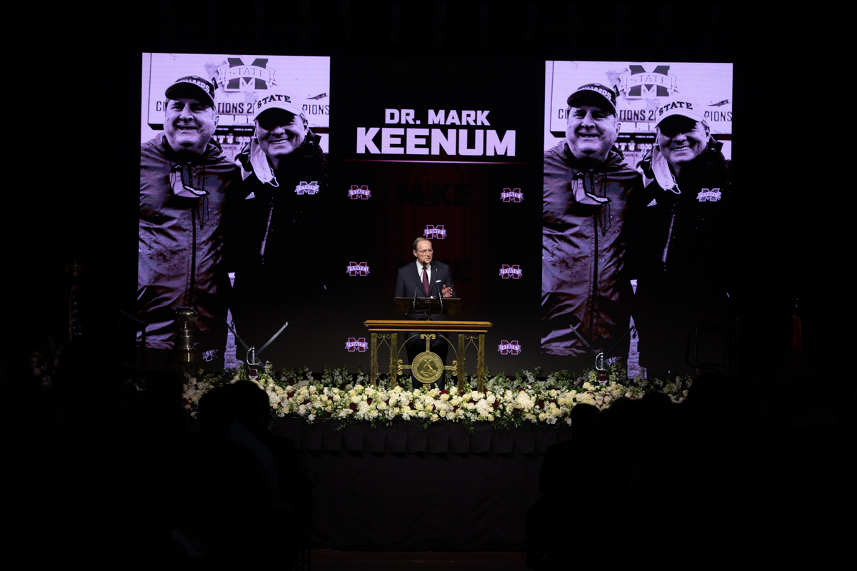 MSU President Mark E. Keenum pays tribute to MSU’s Head Football Coach Mike Leach at a well-attended memorial service at Humphre