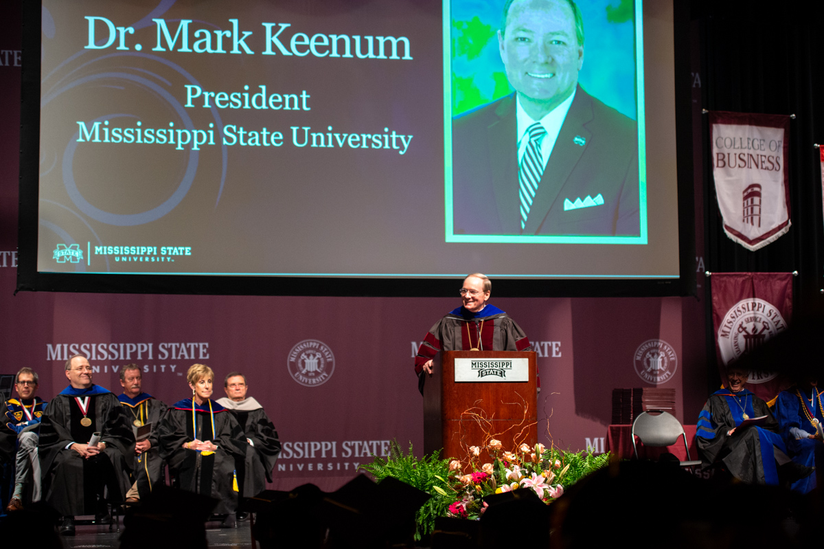MSU President Mark E. Keenum congratulates the achievements of students completing the university’s highest academic degree at t