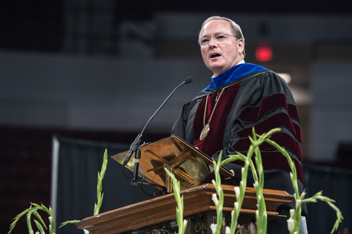 MSU President Mark E. Keenum addresses fall graduates during commencement exercises at Humphrey Coliseum in December. 