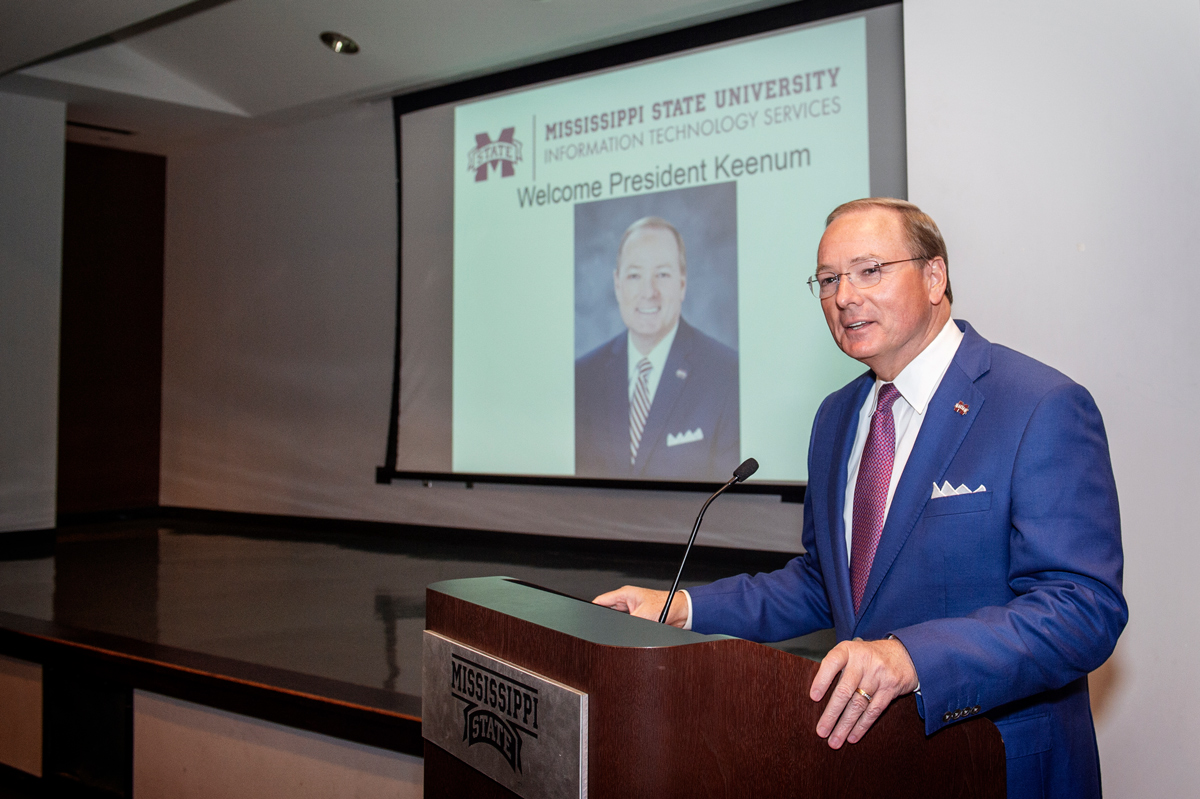 President Keenum speaks from a Fowlkes Auditorium podium at MSU's Information Technology Services annual meeting.