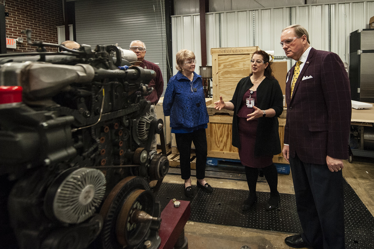 This week, MSU’s President Mark E. Keenum, right, learned more from Mechanical Engineering Assistant Professor Andrea Strzelec.
