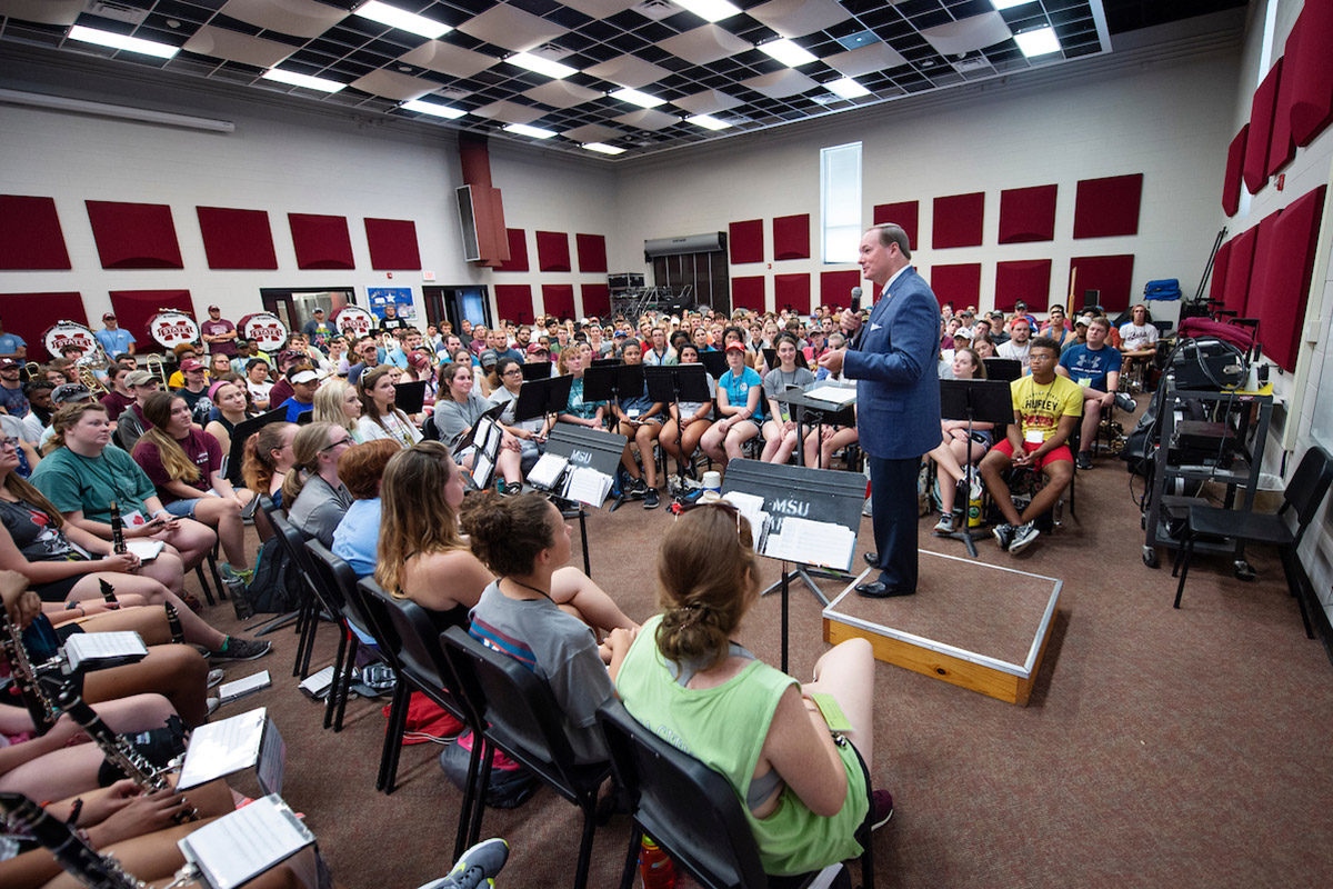 MSU President Mark E. Keenum paid a surprise visit to one of the Famous Maroon Band’s rehearsals