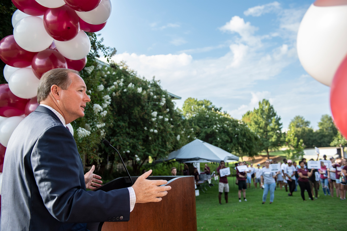 MSU President Mark E. Keenum addresses students Monday [Aug. 19] at the kick-off for Service Dawgs Day.