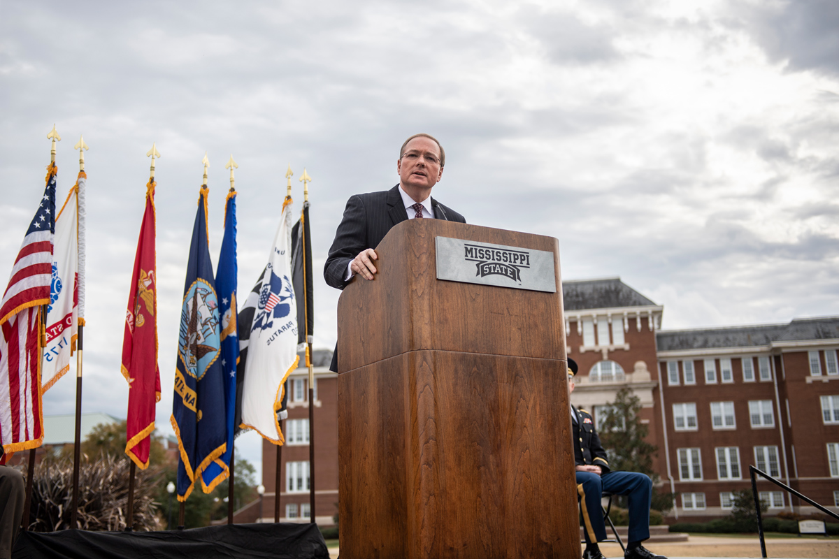 MSU President Mark E. Keenum speaks during the university’s annual Veterans Day program on the Drill Field.
