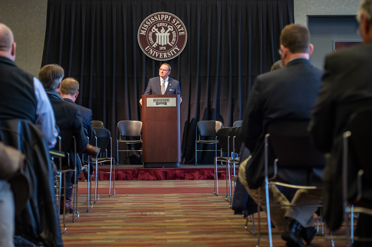 Mississippi State President Mark E. Keenum speaks at the university’s spring general faculty meeting in January.